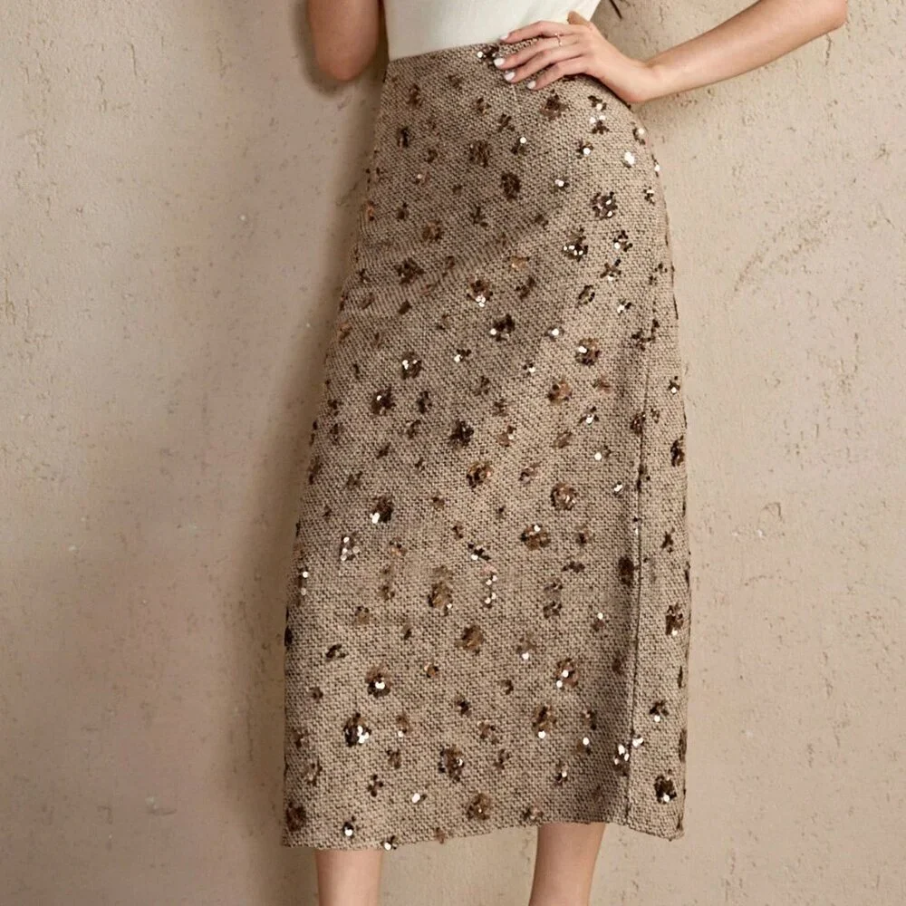 Gold Elegant Women's High Waist Floral Sequin Decor Straight Loose Skirt Skirts